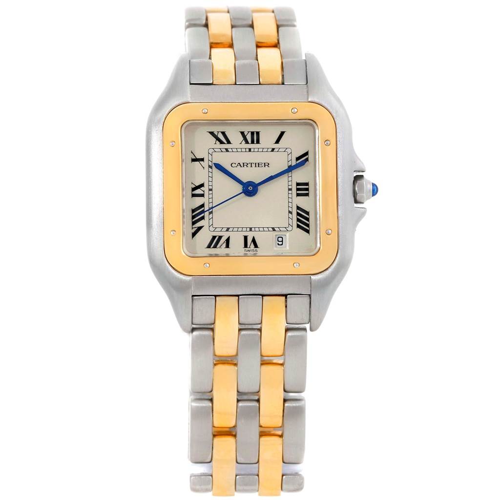 The Cartier Panthere W25028B8 Steel and Gold (two tone) Silver Dial W25028B8 Steel and Gold (two tone) Silver Dial watch is shown from a top-down angle, featuring its two-tone bracelet and square face with Roman numerals.