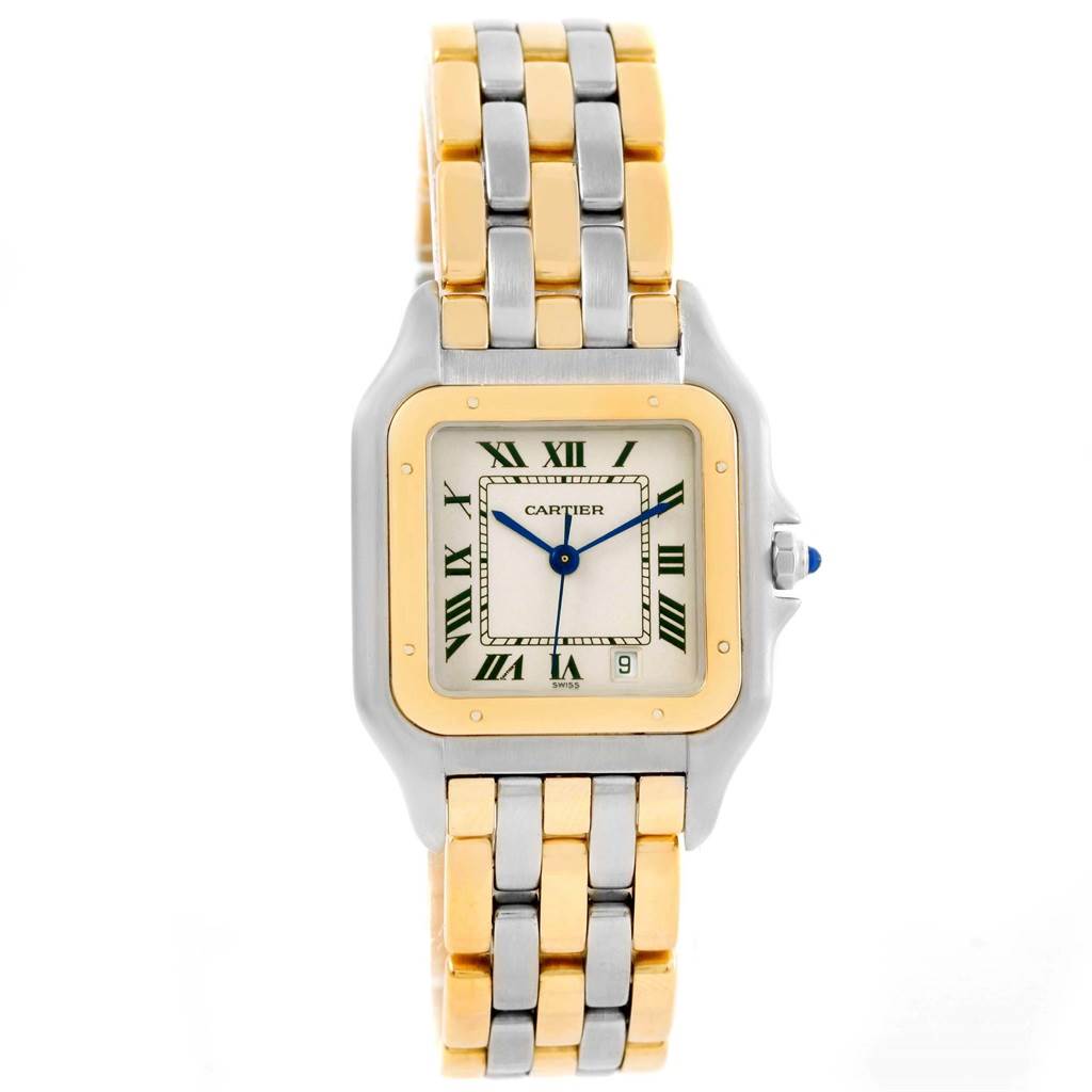 This is a front view of the Cartier Panthere W25028B6 Steel and Gold (two tone) Silver Dial W25028B6 Steel and Gold (two tone) Silver Dial watch, showcasing the face, bracelet, and case.