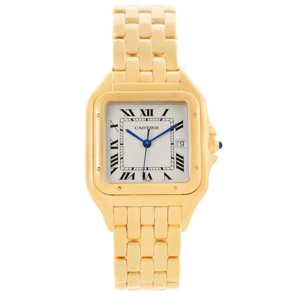 This image shows a full, frontal view of the Cartier Panthere W25014B9 Yellow Gold Silver Dial W25014B9 Yellow Gold Silver Dial model watch, highlighting its gold bracelet and square dial.