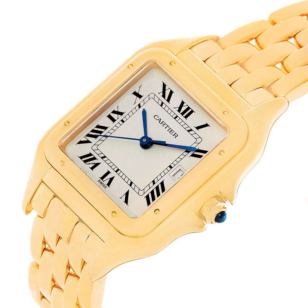 This image shows a close-up angle of the Cartier Panthere W25014B9 Yellow Gold Silver Dial W25014B9 Yellow Gold Silver Dial watch, highlighting the face, bezel, bracelet, and crown.