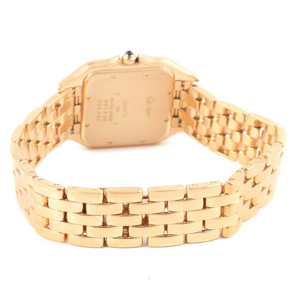 This image shows the back and bracelet of a Cartier Panthere W25014B9 Yellow Gold Silver Dial W25014B9 Yellow Gold Silver Dial watch at a rear angle.