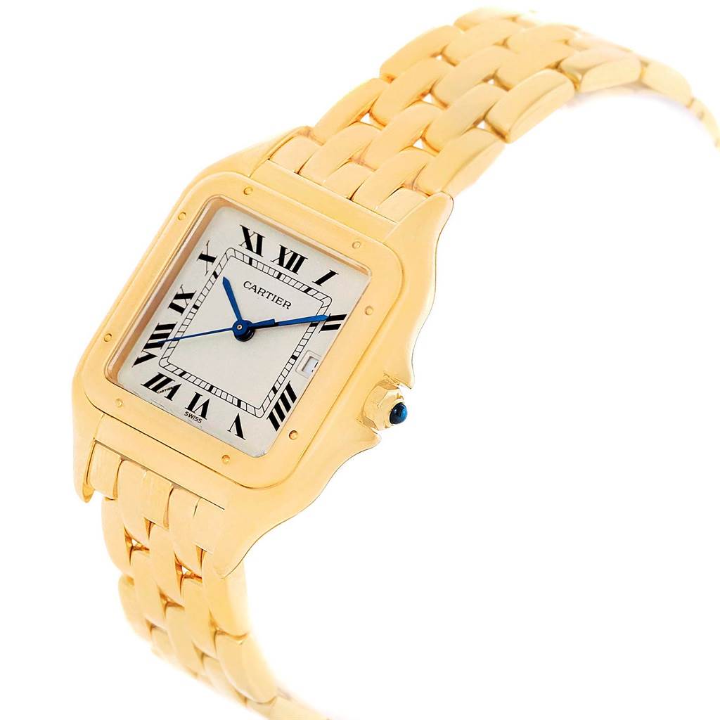 The image shows a Cartier Panthere W25014B9 Yellow Gold Silver Dial W25014B9 Yellow Gold Silver Dial watch, highlighting its gold square case, Roman numeral dial, bracelet, and crown with cabochon.