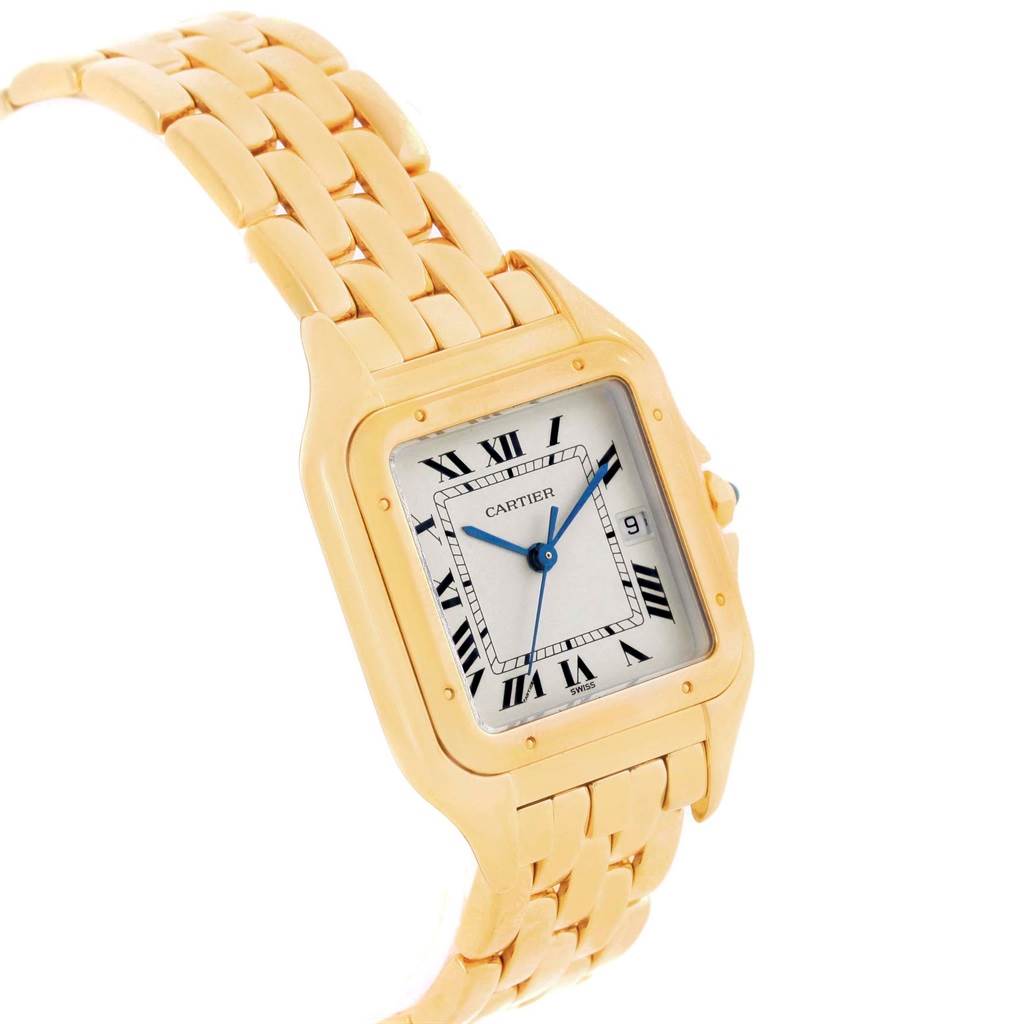 The image shows a Panthere de Cartier watch at a slight angle, highlighting its gold bracelet, case, and white dial with Roman numerals.
