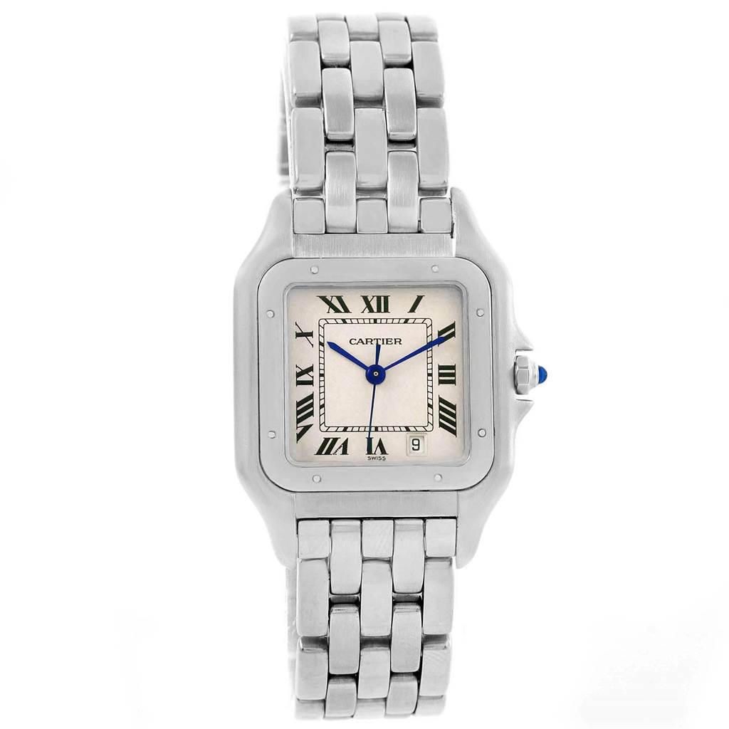 The Panthere de Cartier watch is shown from the front, displaying the face, bracelet, and crown with a blue cabochon.
