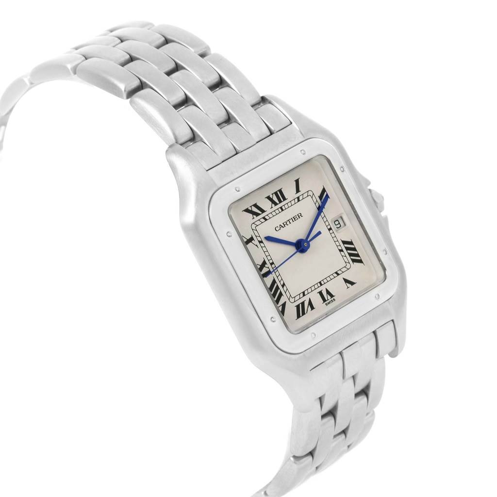 The image shows a Cartier Panthere W25032P5 Men
s Stainless Steel Silver Dial W25032P5 Men
s Stainless Steel Silver Dial watch from a front angle highlighting the square dial, Roman numerals, and metal bracelet.