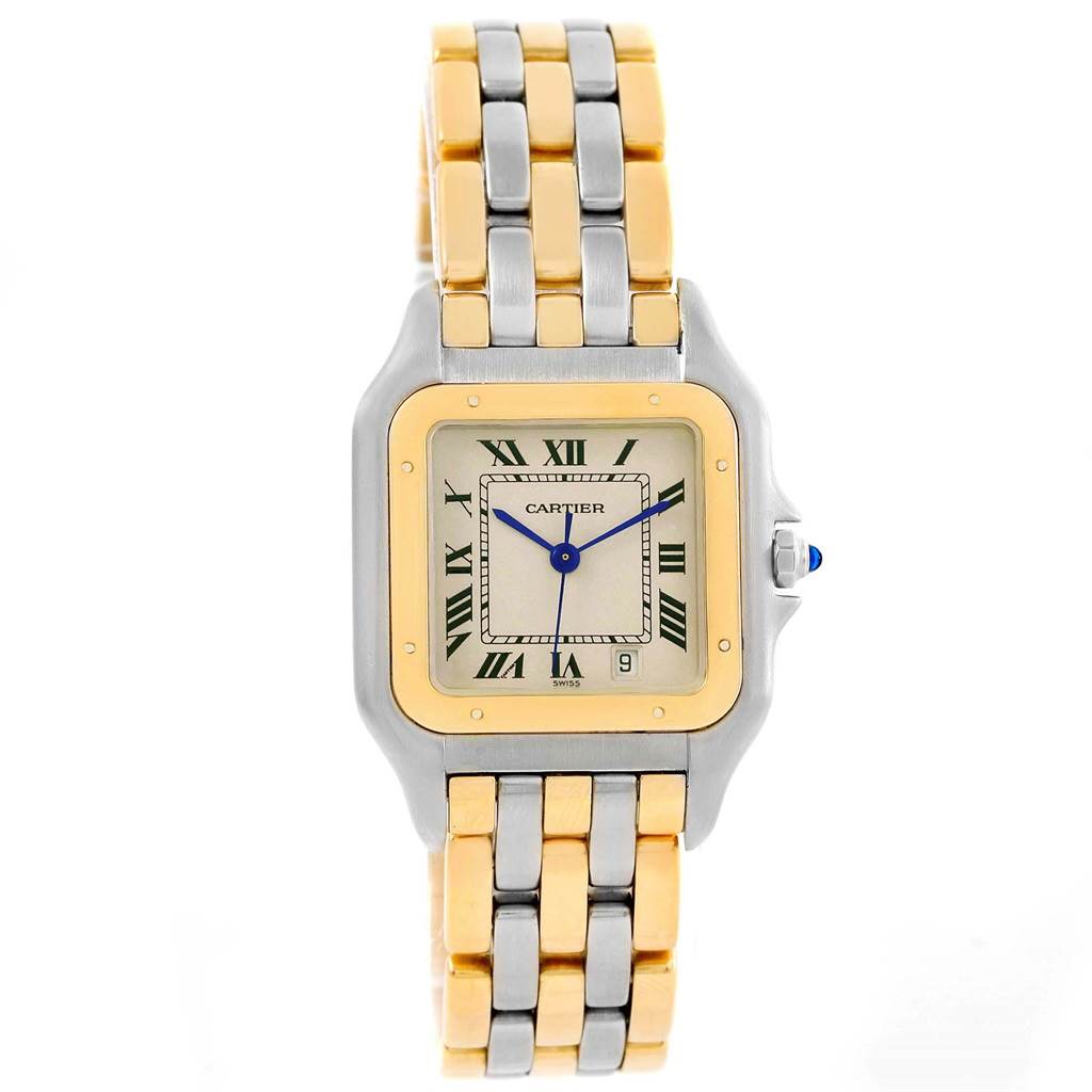 The image shows a front view of the Cartier Panthere W25028B6 Steel and Gold (two tone) Silver Dial W25028B6 Steel and Gold (two tone) Silver Dial watch, displaying its face, bracelet, and bezel.
