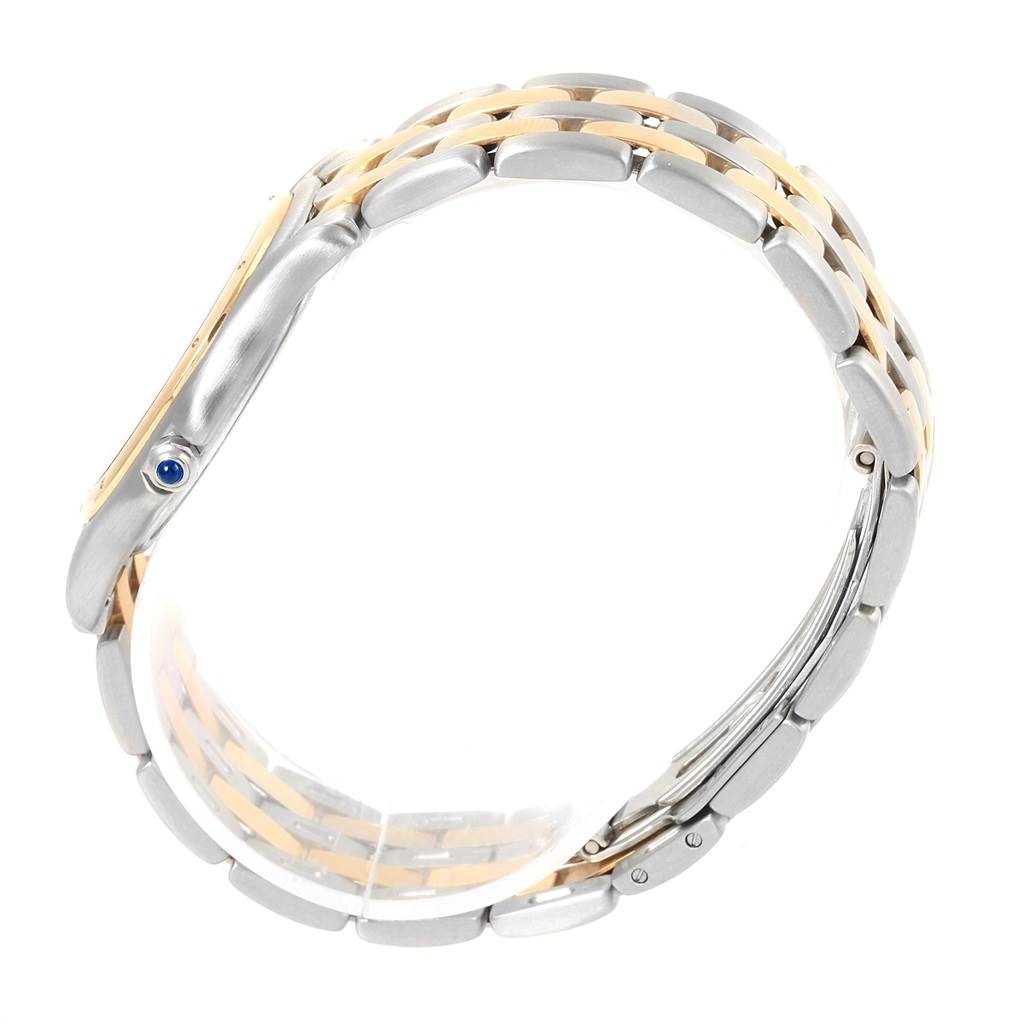 This image shows the Panthere model watch by Cartier from a side angle, highlighting its bracelet and part of the case with the crown.