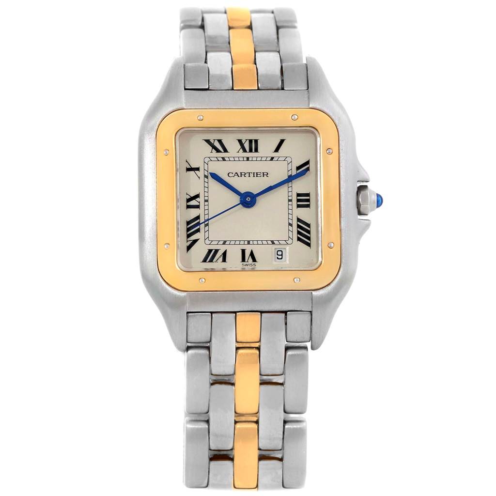 The image shows a Panthere model Cartier watch from the front, highlighting its metal bracelet and square face with Roman numerals.