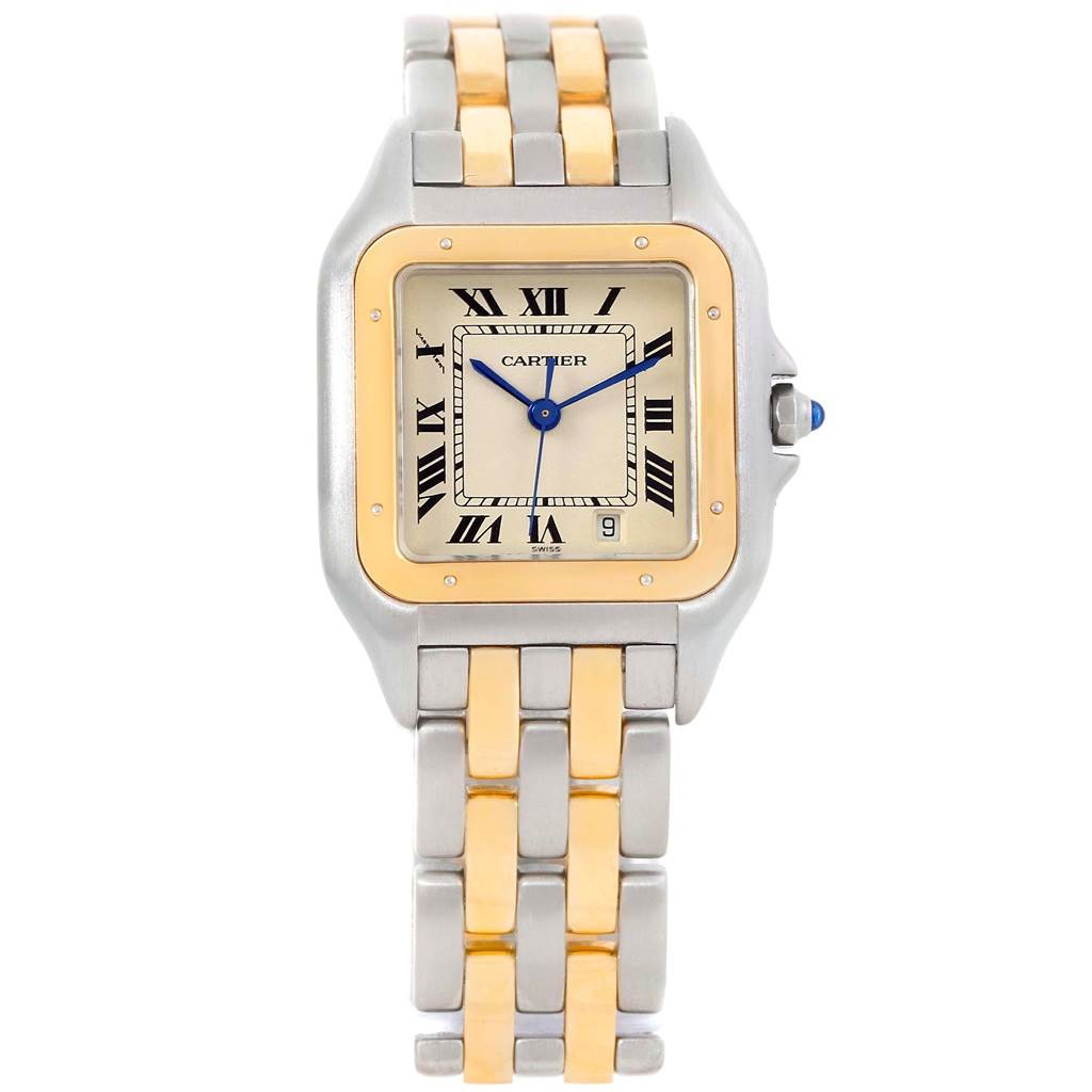 The Cartier Panthere W25028B8 Men's Steel and Gold (two tone) Silver Dial W25028B8 Men's Steel and Gold (two tone) Silver Dial model watch is shown from the front, highlighting its dial, face, Roman numerals, and two-tone bracelet.