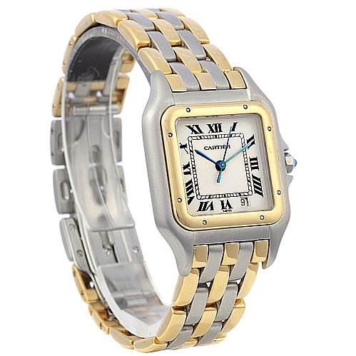 The image shows a Cartier Panthère watch angled to display the face, bracelet, and side of the case.