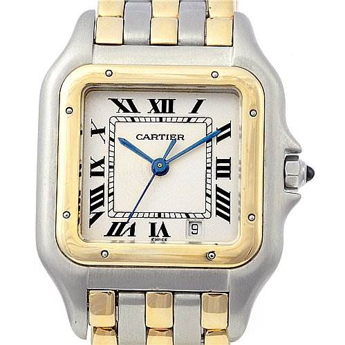 The image shows a front view of a Cartier Panthere Women's Yellow Gold Beige Dial Women's Yellow Gold Beige Dial watch, highlighting the face, bezel, and part of the bracelet.