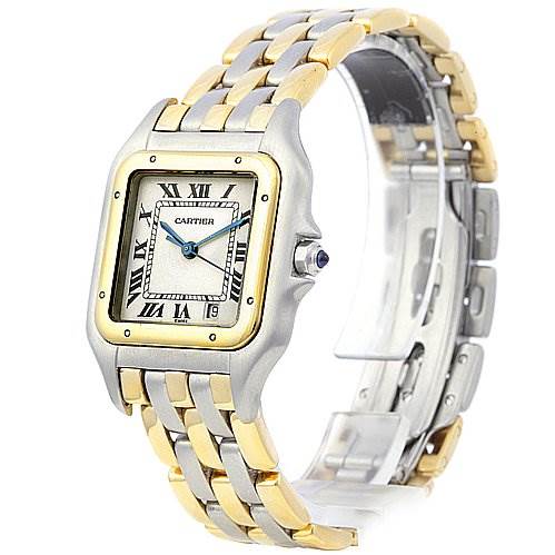 The image shows a Cartier Panthere Women's Yellow Gold Beige Dial Women's Yellow Gold Beige Dial watch at a slight angle, emphasizing its face, bezel, and two-tone bracelet.