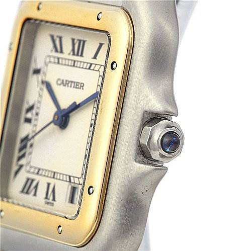 This image shows a close-up of the Panthere model by Cartier, highlighting the dial, crown, bezel, and part of the case.