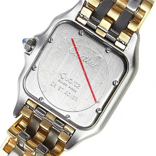 The image shows the back of a Cartier Panthere Women's Yellow Gold Beige Dial Women's Yellow Gold Beige Dial watch, highlighting its two-tone metal bracelet and caseback engraving.