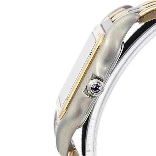 The image shows a side view of a Cartier Panthère watch highlighting its crown and part of the band.
