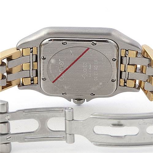This is the back view of the Cartier Panthere Women's Yellow Gold Beige Dial Women's Yellow Gold Beige Dial watch, showing the case back, lugs, and part of the metal bracelet with a partially open clasp.