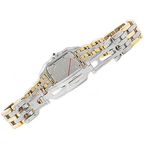 The image shows the back and clasp of a two-tone Panthere de Cartier watch, highlighting the bracelet and case back.