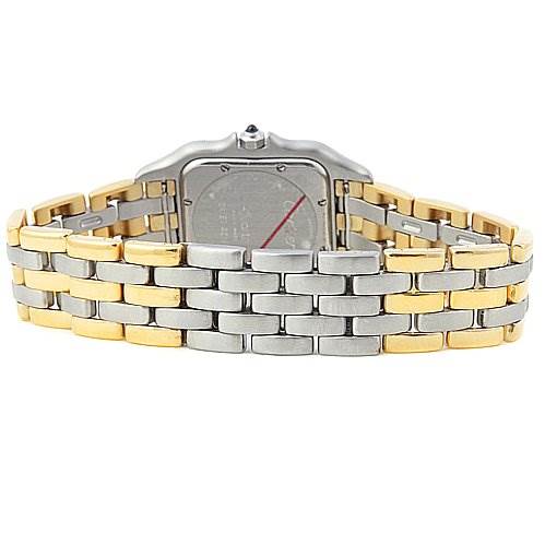 The image shows the rear view of a Cartier Panthere Women's Yellow Gold Beige Dial Women's Yellow Gold Beige Dial model watch, highlighting its two-tone metal bracelet and case back.