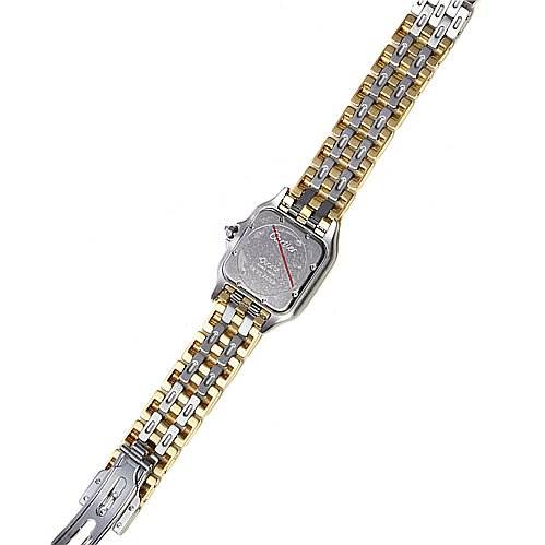 The watch shown is a Panthère model by Cartier, viewed from the back displaying its intricate two-tone bracelet and case back.