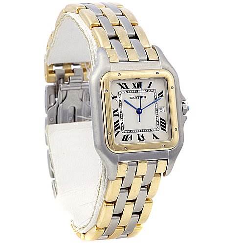 This image shows a front angle view of a Cartier Panthere Women's Yellow Gold White Dial Women's Yellow Gold White Dial watch, highlighting its face, bracelet, and clasp.