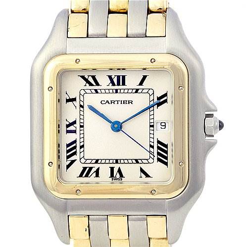 This Cartier Panthere Women's Yellow Gold White Dial Women's Yellow Gold White Dial watch is shown from a front angle, displaying the face, bezel, and part of the two-tone bracelet.