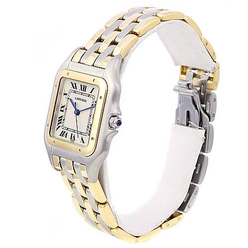 This image shows the Cartier Panthere Women's Yellow Gold White Dial Women's Yellow Gold White Dial watch at a slight angle, highlighting its square face, Roman numeral dial, and metal link bracelet.