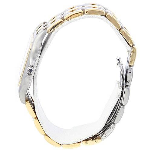 This image shows a side view of the Panthere model by Cartier, focusing on the watch's gold and silver link bracelet and side profile.