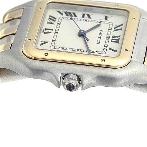 The image shows a side angle of the Cartier Panthere Women's Yellow Gold White Dial Women's Yellow Gold White Dial model watch, focusing on the crown and part of the bracelet.
