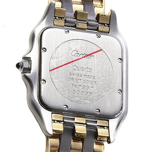 This image shows the back case and part of the band of the Cartier Panthere Women's Yellow Gold White Dial Women's Yellow Gold White Dial model watch, highlighting the engravings and screw details.
