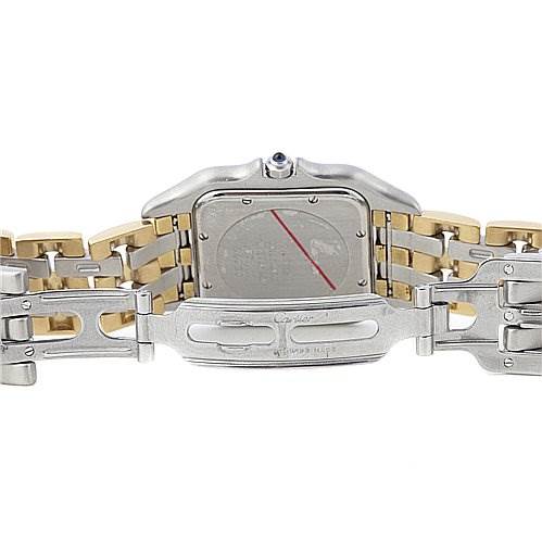 This image shows the back of the Panthere model by Cartier, highlighting the clasp and parts of the bracelet.