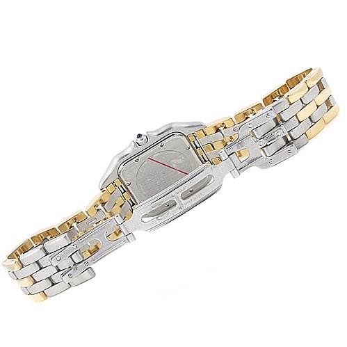 The image shows the backside of a Cartier Panthere Women's Yellow Gold White Dial Women's Yellow Gold White Dial watch, highlighting its two-tone bracelet and clasp mechanism.