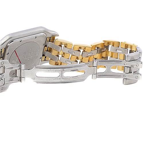 This image shows the back side and bracelet of a Cartier Panthere Women's Yellow Gold White Dial Women's Yellow Gold White Dial model watch, highlighting its two-tone metal links and clasp.