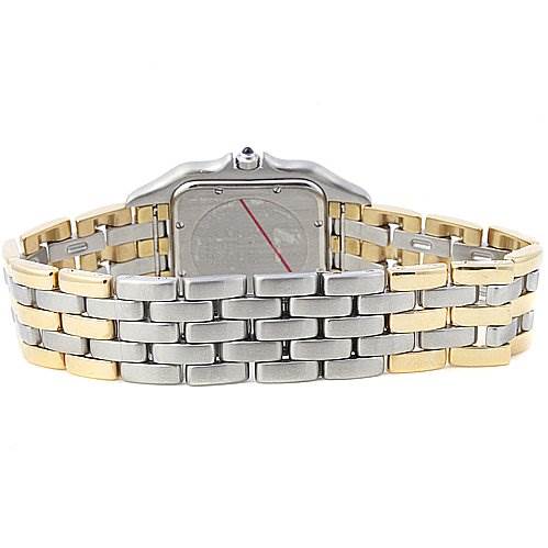 This image shows the rear view of a Cartier Panthere Women's Yellow Gold White Dial Women's Yellow Gold White Dial watch, highlighting its two-tone metal bracelet and case back.