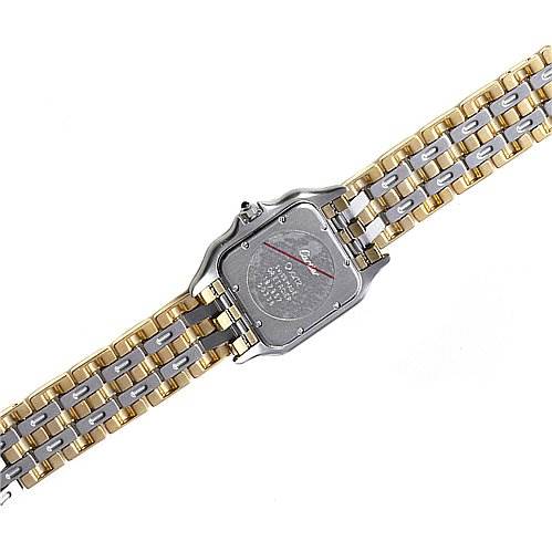 The image shows the back of a Cartier Panthere Women's Yellow Gold White Dial Women's Yellow Gold White Dial watch, highlighting its dual-tone metal bracelet and case back.