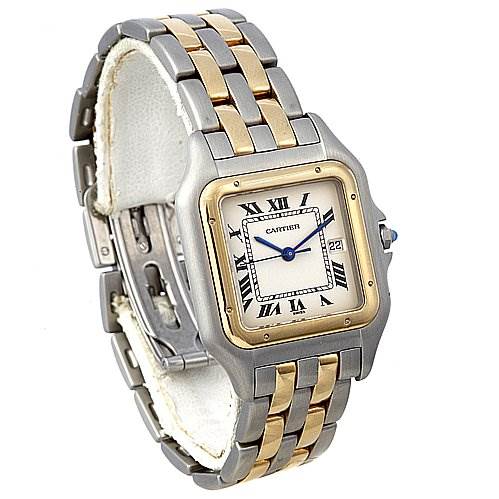 The image shows a side-angle view of a Cartier Panthere Women's Yellow Gold White Dial Women's Yellow Gold White Dial model watch, highlighting its two-tone bracelet and square face with a date window.