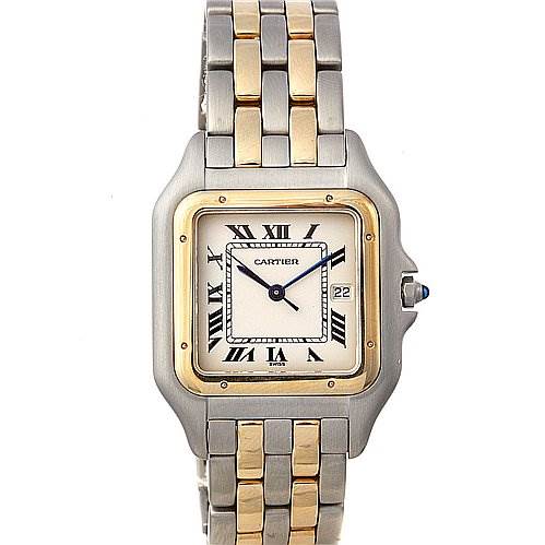 This image shows the front view of a Panthère model by Cartier, highlighting the watch face, bracelet, and crown.