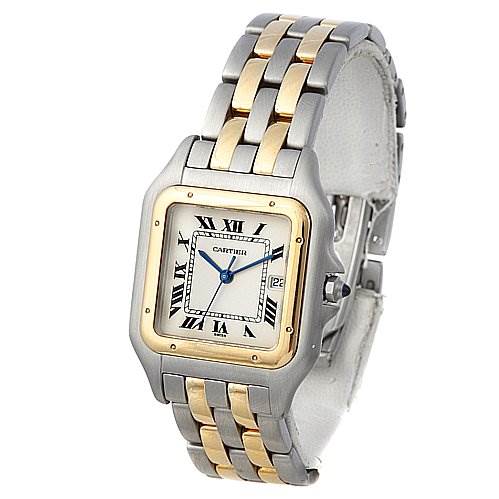 The image shows a Cartier Panthere Women's Yellow Gold White Dial Women's Yellow Gold White Dial watch from an angled top-down view, displaying its face, dual-tone metal band, and crown.