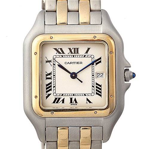 The Cartier Panthere Women's Yellow Gold White Dial Women's Yellow Gold White Dial watch is shown from the front, displaying its face, bezel, and part of the metal bracelet.