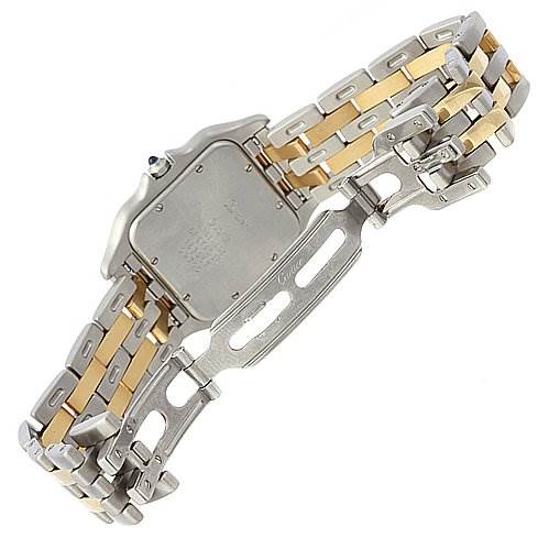 The image shows the back view of the Cartier Panthere Women's Yellow Gold White Dial Women's Yellow Gold White Dial watch, highlighting its clasp and two-tone metal bracelet.