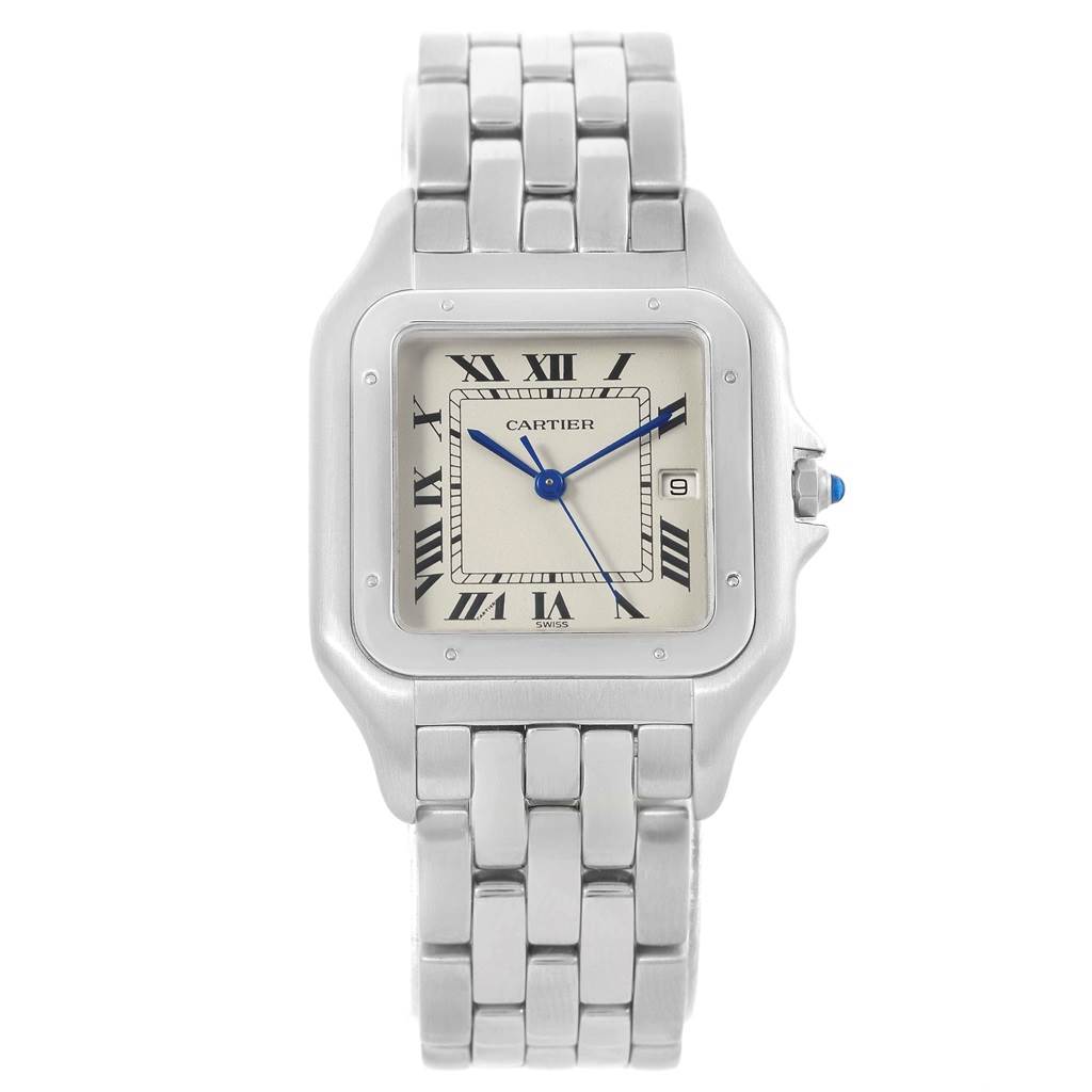 The image shows a front view of the Cartier Panthere W25032P5 Stainless Steel Silver Dial W25032P5 Stainless Steel Silver Dial watch, displaying the face, bezel, and part of the bracelet.