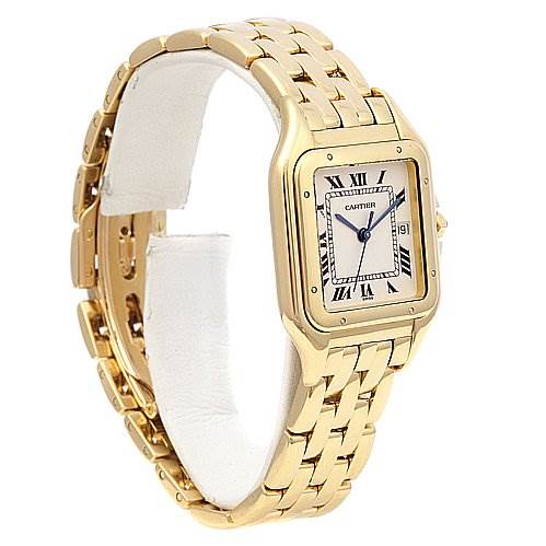 This image shows a Cartier Panthere W25028B501 Yellow Gold White Dial W25028B501 Yellow Gold White Dial watch from a slight side angle, displaying the face, bezel, and part of the bracelet.
