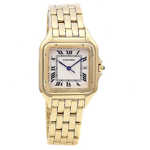 The image shows a frontal view of a Cartier Panthere W25028B501 Yellow Gold White Dial W25028B501 Yellow Gold White Dial watch, highlighting its gold case, bracelet, and Roman numeral dial.