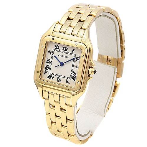 This image shows a Cartier Panthere W25028B501 Yellow Gold White Dial W25028B501 Yellow Gold White Dial watch from an angled side view, highlighting its gold case and linked bracelet.