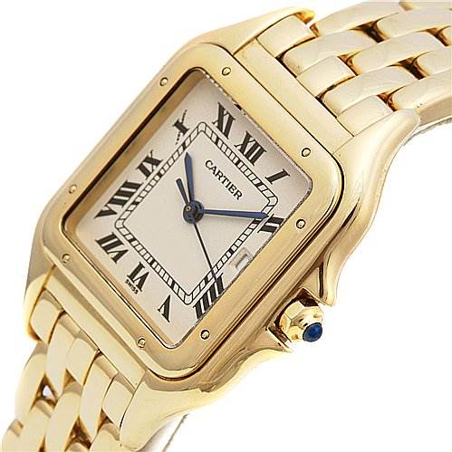 The image shows a close-up of the Cartier Panthere W25028B501 Yellow Gold White Dial W25028B501 Yellow Gold White Dial watch, displaying its gold case, Roman numeral dial, branded face, and metal bracelet.