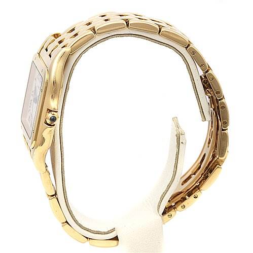 The image shows a side view of a Cartier Panthere W25028B501 Yellow Gold White Dial W25028B501 Yellow Gold White Dial watch, highlighting the bracelet and case.