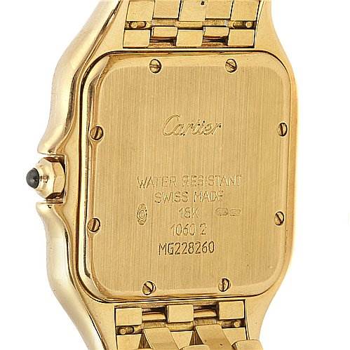 This image shows the back case and part of the bracelet of the Cartier Panthere W25028B501 Yellow Gold White Dial W25028B501 Yellow Gold White Dial watch at a slight angle.