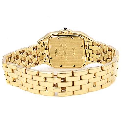 This image shows the back and bracelet of the Cartier Panthere W25028B501 Yellow Gold White Dial W25028B501 Yellow Gold White Dial watch in a gold finish.