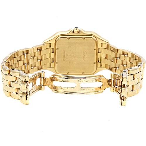 This image shows the back view of a Cartier Panthere W25028B501 Yellow Gold White Dial W25028B501 Yellow Gold White Dial watch, focusing on the bracelet and clasp.