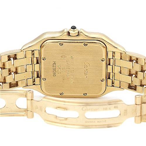The image shows the back case and clasp of a Cartier Panthère watch.
