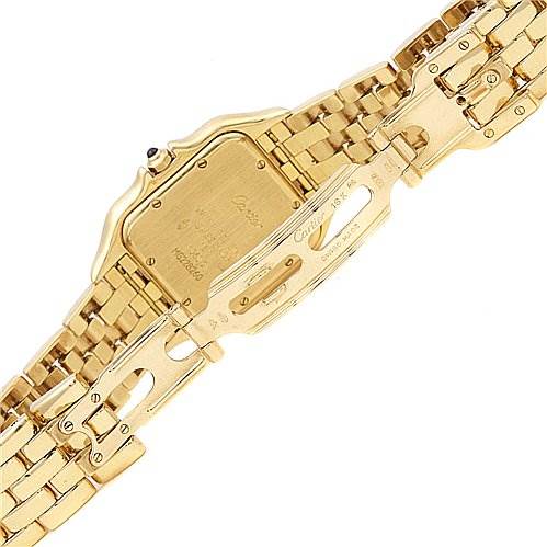 The image displays the back and clasp of a Cartier Panthere W25028B501 Yellow Gold White Dial W25028B501 Yellow Gold White Dial model gold watch.